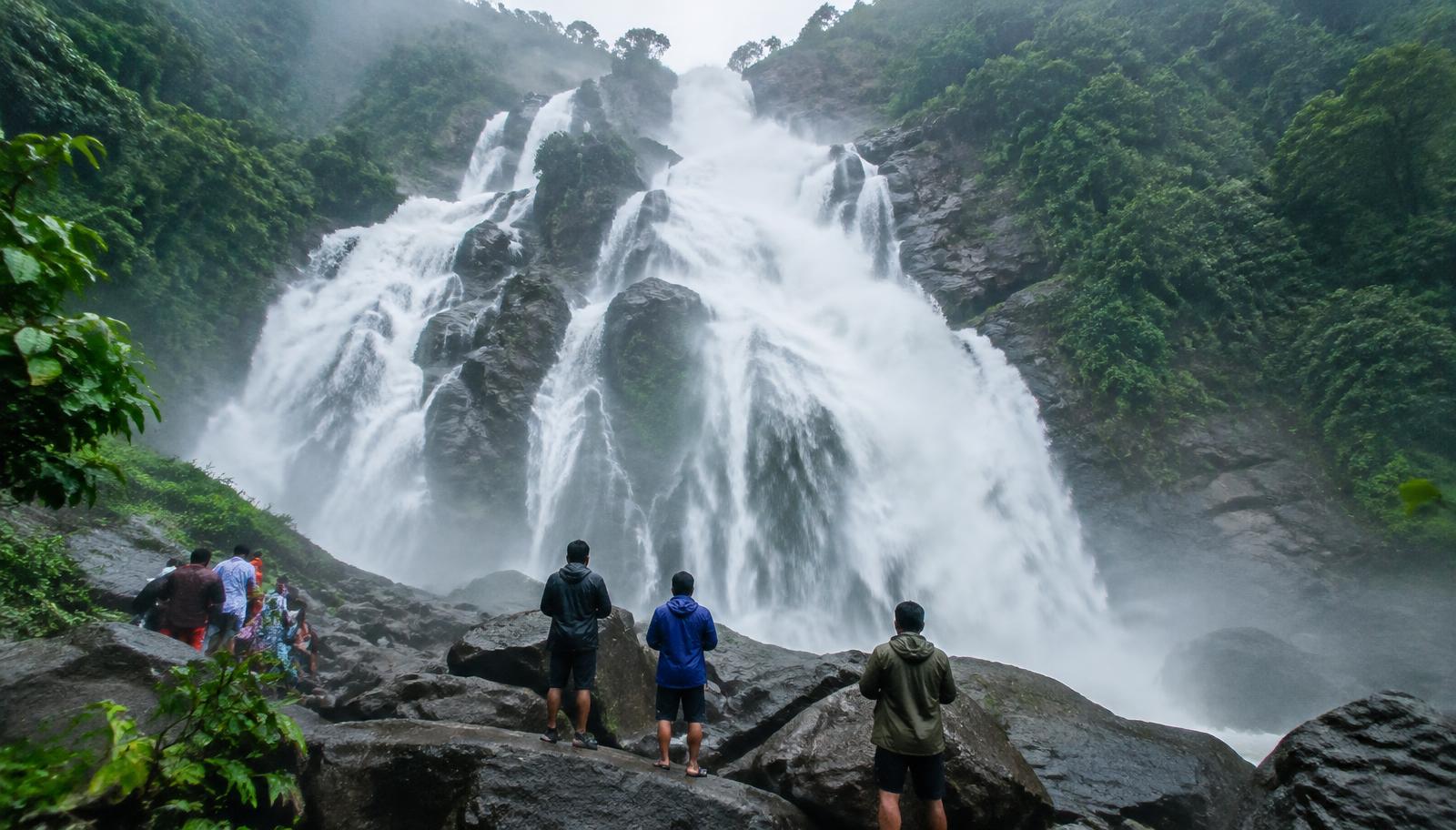 Visitors at the base of Dudhsagar Falls